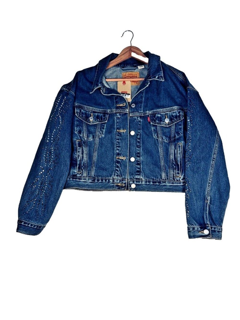 Levi's 90's Trucker Jacket Sz XL Shrunken Rhinestone Denim Jacket D.Wash Western - Picture 2 of 12